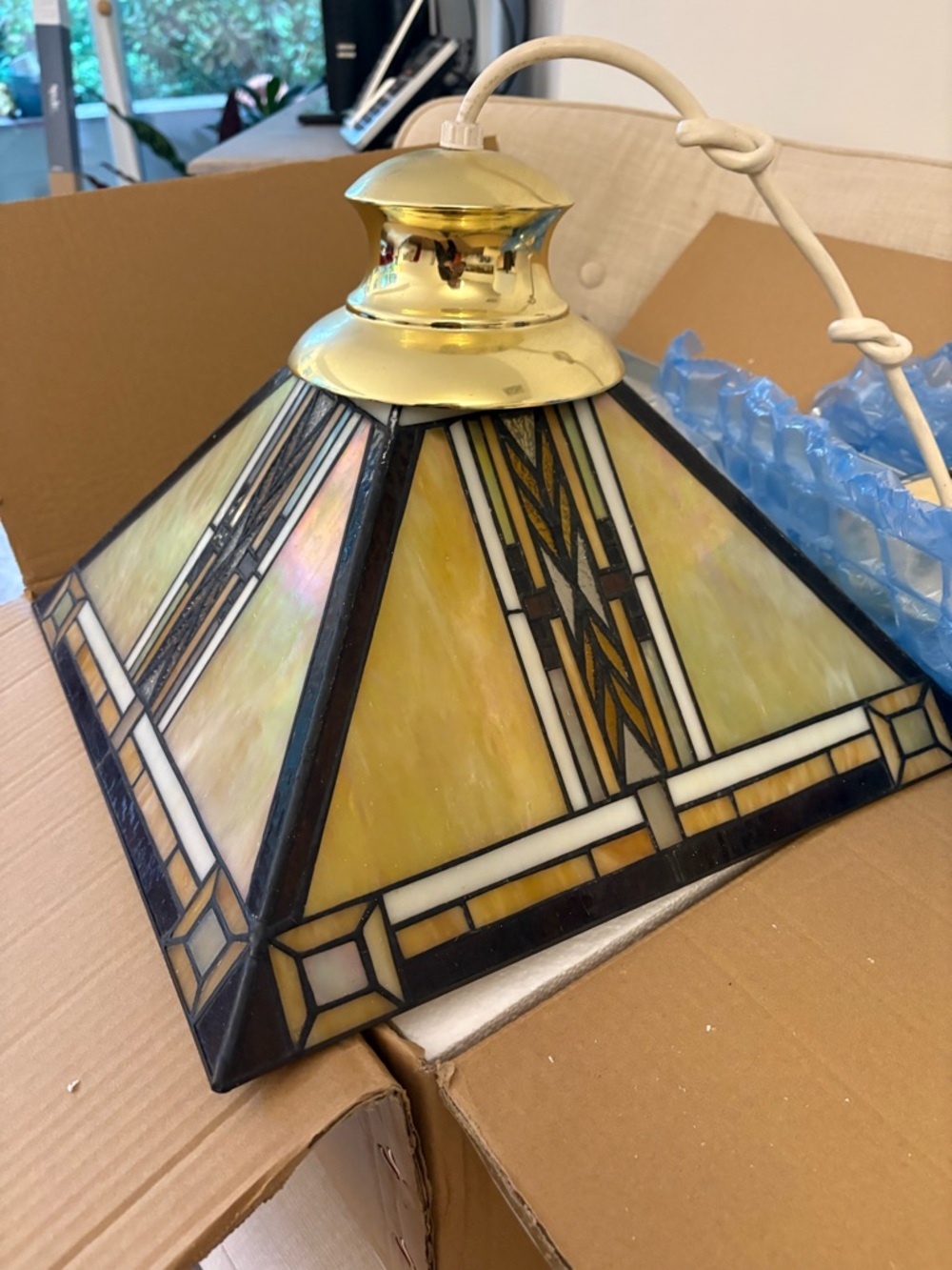 Mission Style Stained Glass Pendant Light Brass Prairie Geometric Tone